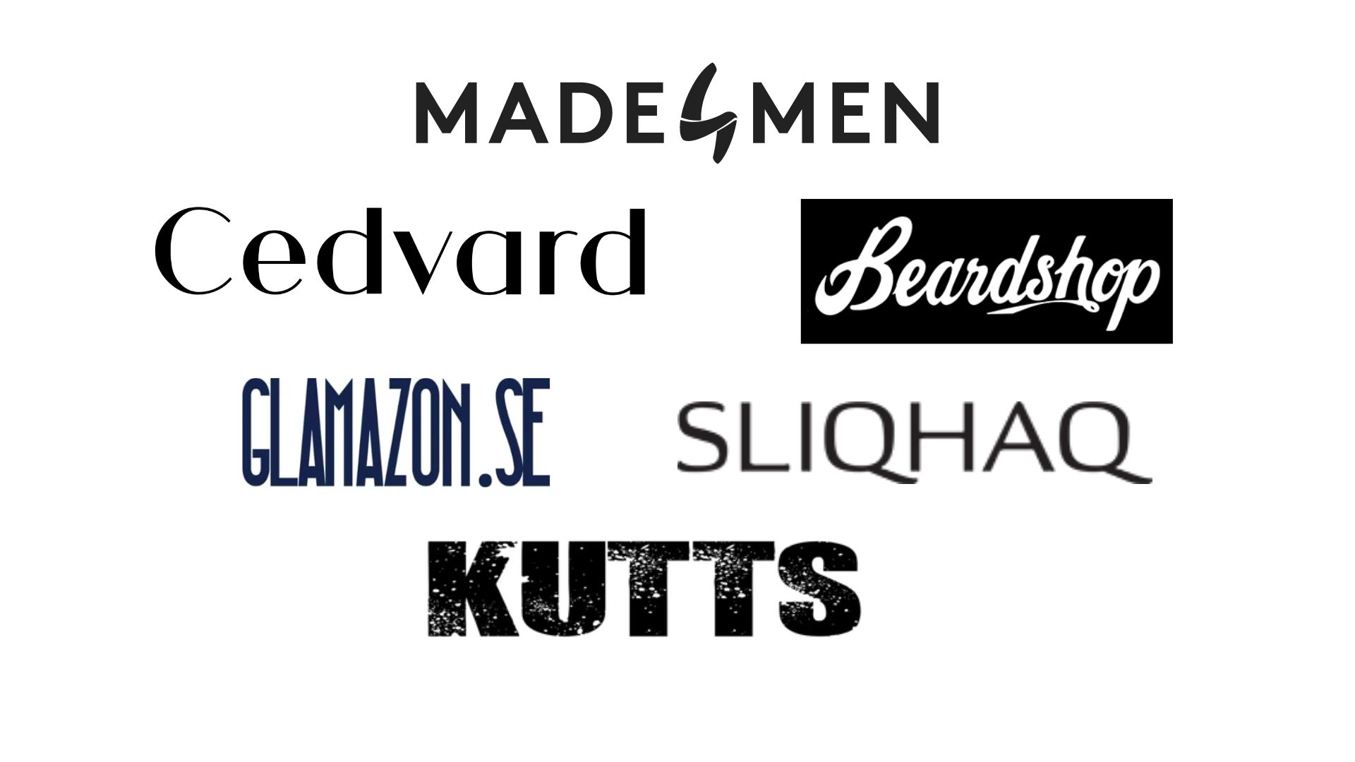 Logos från 6 e-handelsbutiker där man kan köpa säkerhetshyvel. Företagen är Made4Men, Cedvard, Beardshop, Glamazon.se, Sliqshaq och Kutts