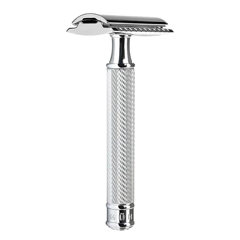Mühles säkerhetshyvel R89 i rostfritt stål med räfflat handtag och closed comb.